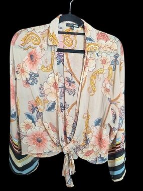 Fashion Nova Floral Tie-Front Blouse - Cream, Pink, Blue, Yellow